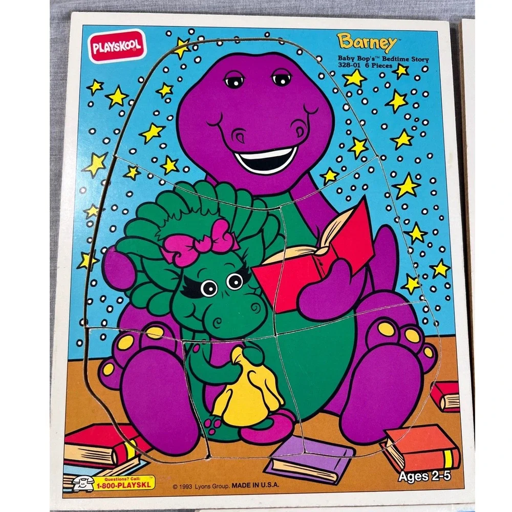 Vintage Barney Puzzle Lot Playskool Wood Tray Milton Bradley 1993 1999 3pc Set